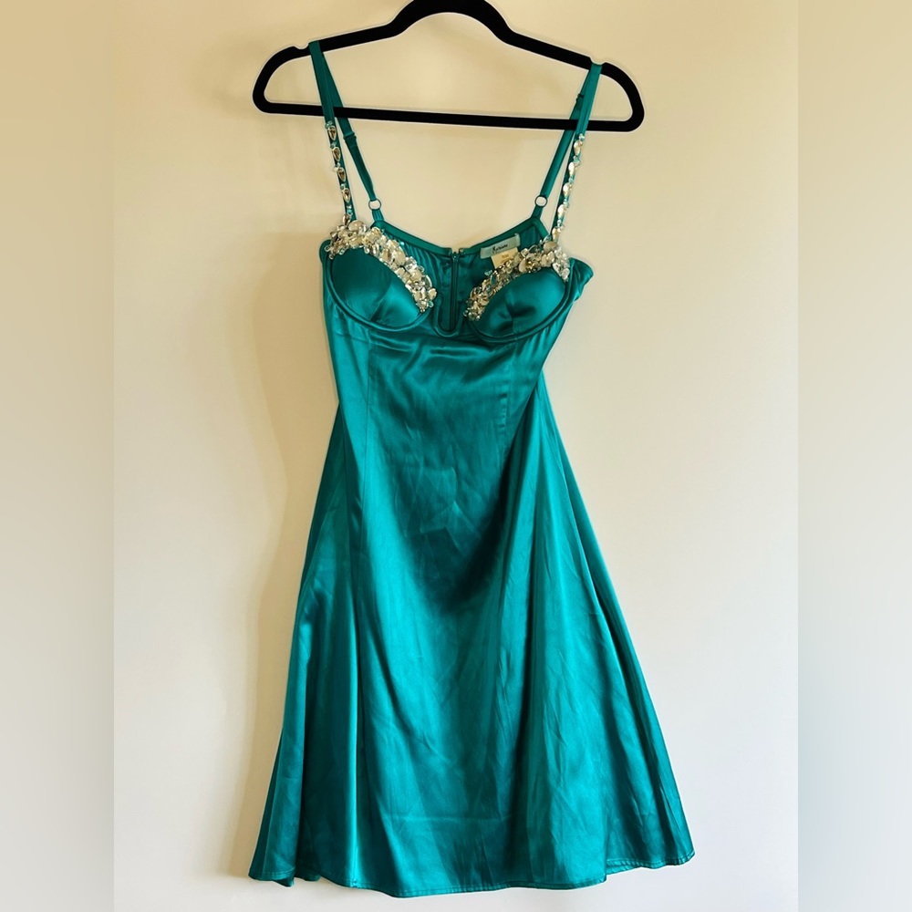 Marciano Rhinestone Silk Turquoise Blue Mini Dress, Small